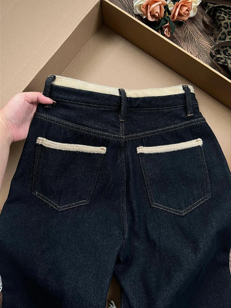 ارتفاع الخصر سميكة الدافئة الدنيم السراويل النساء خمر الخريف الشتاء جديد المخملية اصطف الأزرق الداكن مستقيم واسعة الساق الجينز