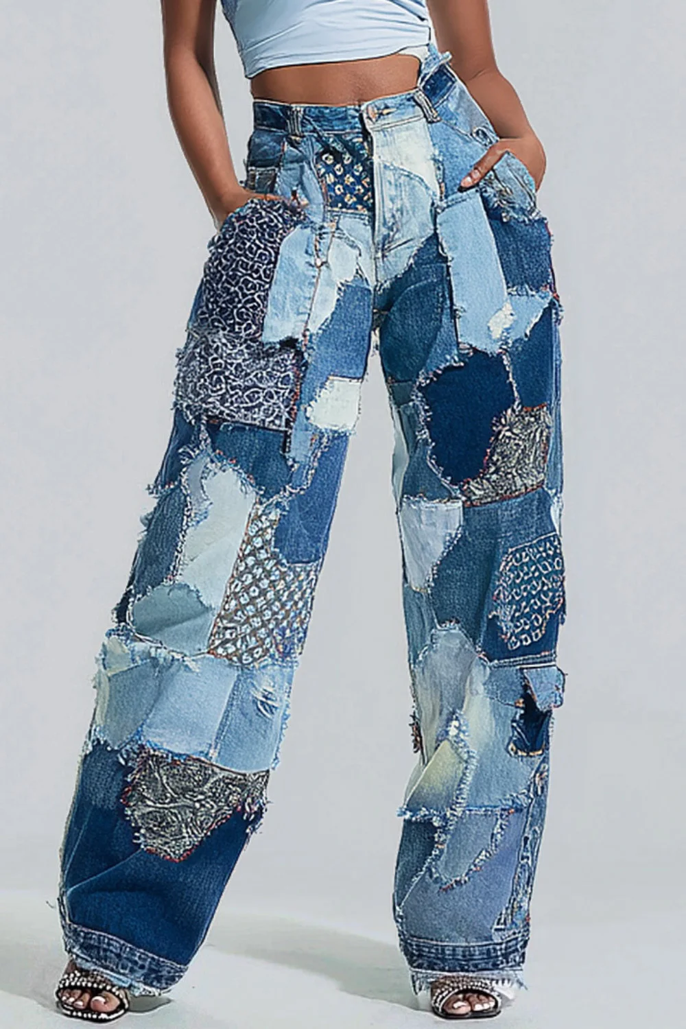 

Plus Size Daily Blue Colorblock Pocket Casual Denim Jeans