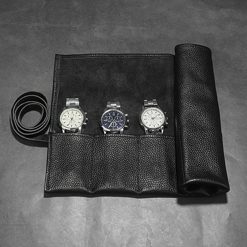 Hot selling 6 Slots Black Leather Watch Storage Bag Roll up Watch Bag Portable Travel Display Smart Watch Storage Box