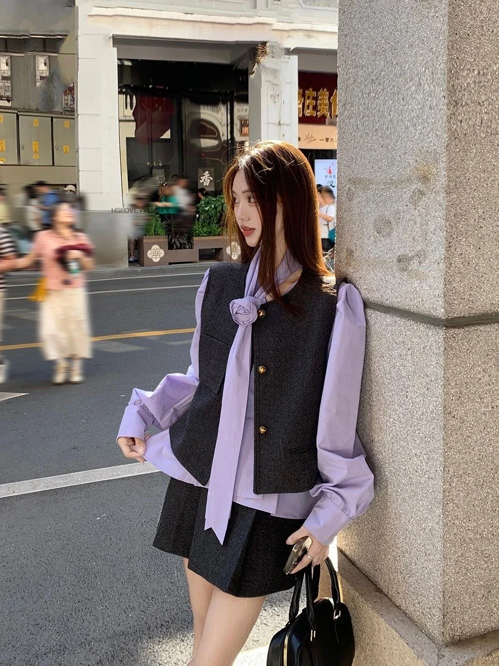 Autunno nuova camicia a maniche lunghe stile college uniforme scolastica coreana camicia viola con scollo a V gilet mezza gonna a pieghe set da tre pezzi