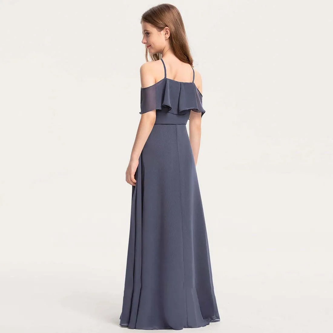 YZYmanualroom Chiffon Junior Bridesmaid Dress With Cascading Ruffles A-line Cold Shoulder Halter Floor-Length 2-15T