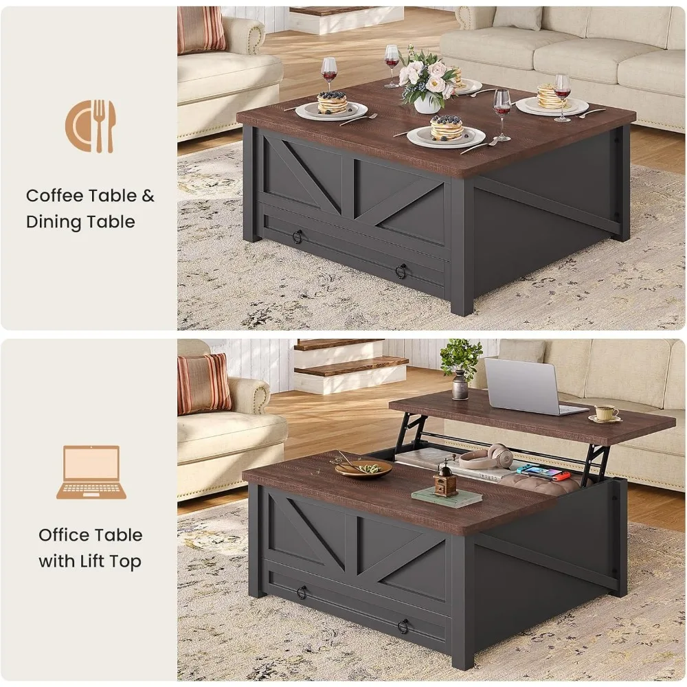 Stolik kawowy z kwadratowym blatem, podnoszonym blatem i szufladami, element centralny do salonu, meble z ukrytym schowkiem