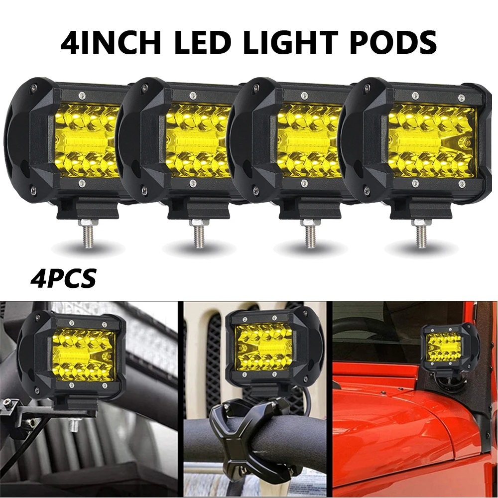 

4 шт. 4-дюймовые желтые светодиодные рабочие фонари — комбинированный для внедорожного вождения для джипов, грузовиков, прицепов, пикапов, квадроциклов и внедорожников, прочный алюминий