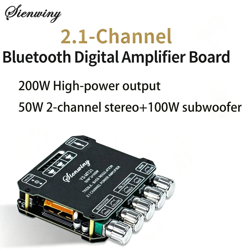 Placa Amplificadora Bluetooth Sienwiny YS-TB21 YS-TB21H 2.1 Canais 50W*2+100W Subwoofer USB APP MIC KTV Graves Agudos DIY Caixa de Som DC12-24V HiFi