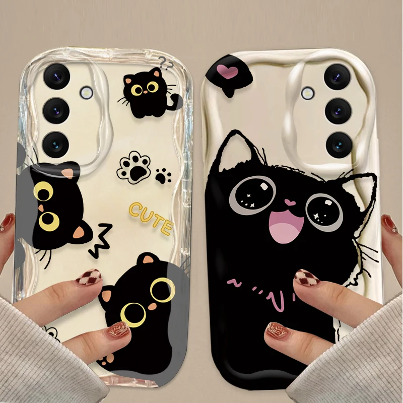 Cute Big Eyes Black Cat Case for Samsung Galaxy A16 A06 A55 A35 A25 A15 A05 A05S A54 A34 A24 A14 A73 A53 A33 A23 A13 A52 A32 A22