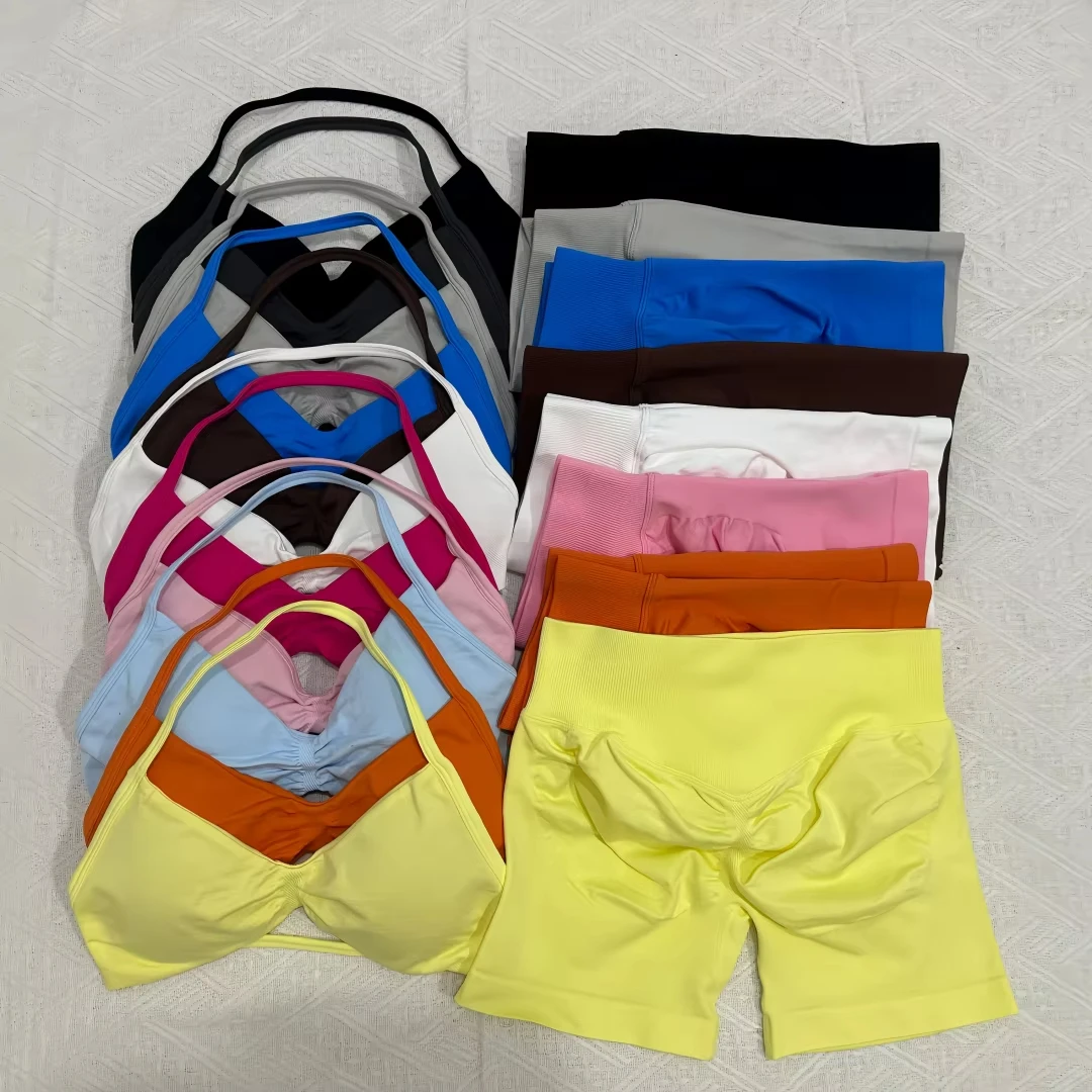

2 Pieces Women Yoga Set Seamless Impact Longline Strappy Tank Top Scrunch Sports Shorts Gym Clothes Woman Summer Workout Outfit