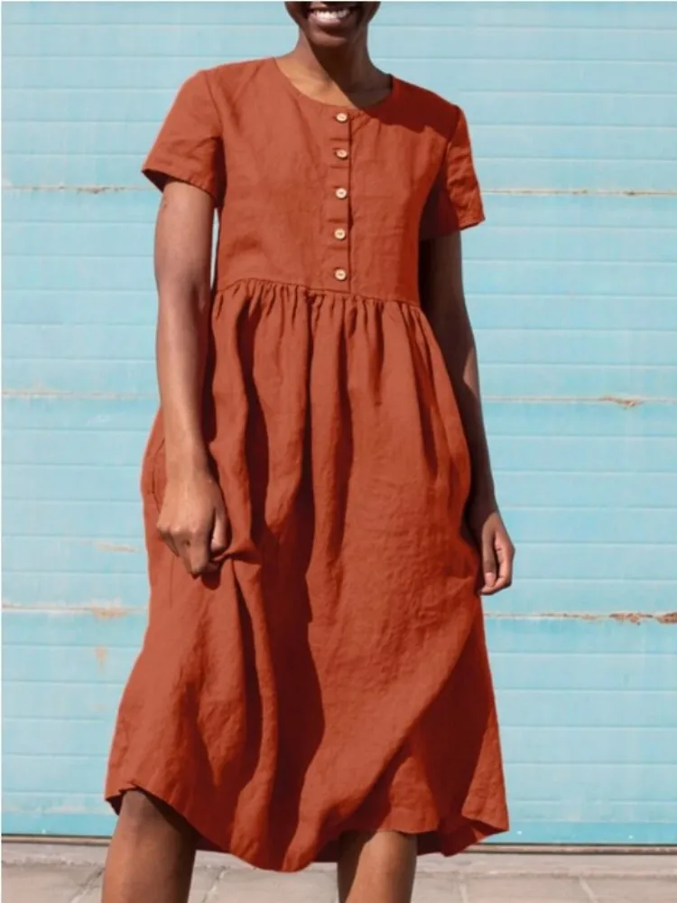 New round neck short-sleeved splicing single-breasted solid color cotton dresses