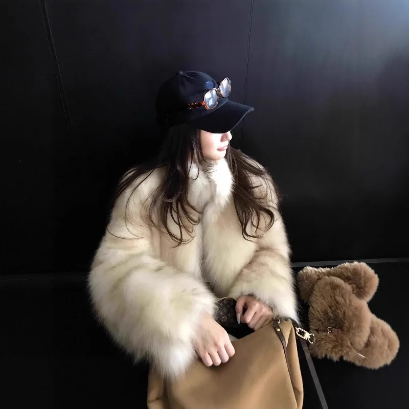 Women Mist Dyed Faux Fox Fur Coat Winter Stand Collar Thick Warm Imitation Fur One-Piece Outerwear