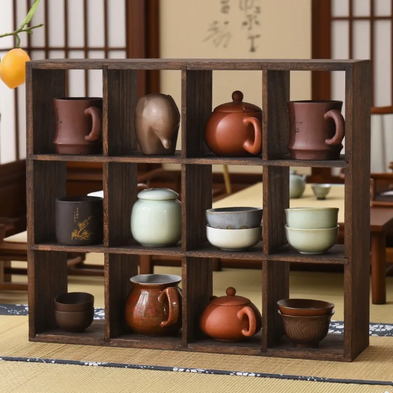Tea Pot Display Stand Wall Hanging Wooden Teacup Storage Rack Mark Teaware Cup Figurine Crafts Organizer Retro Desktop Shelf