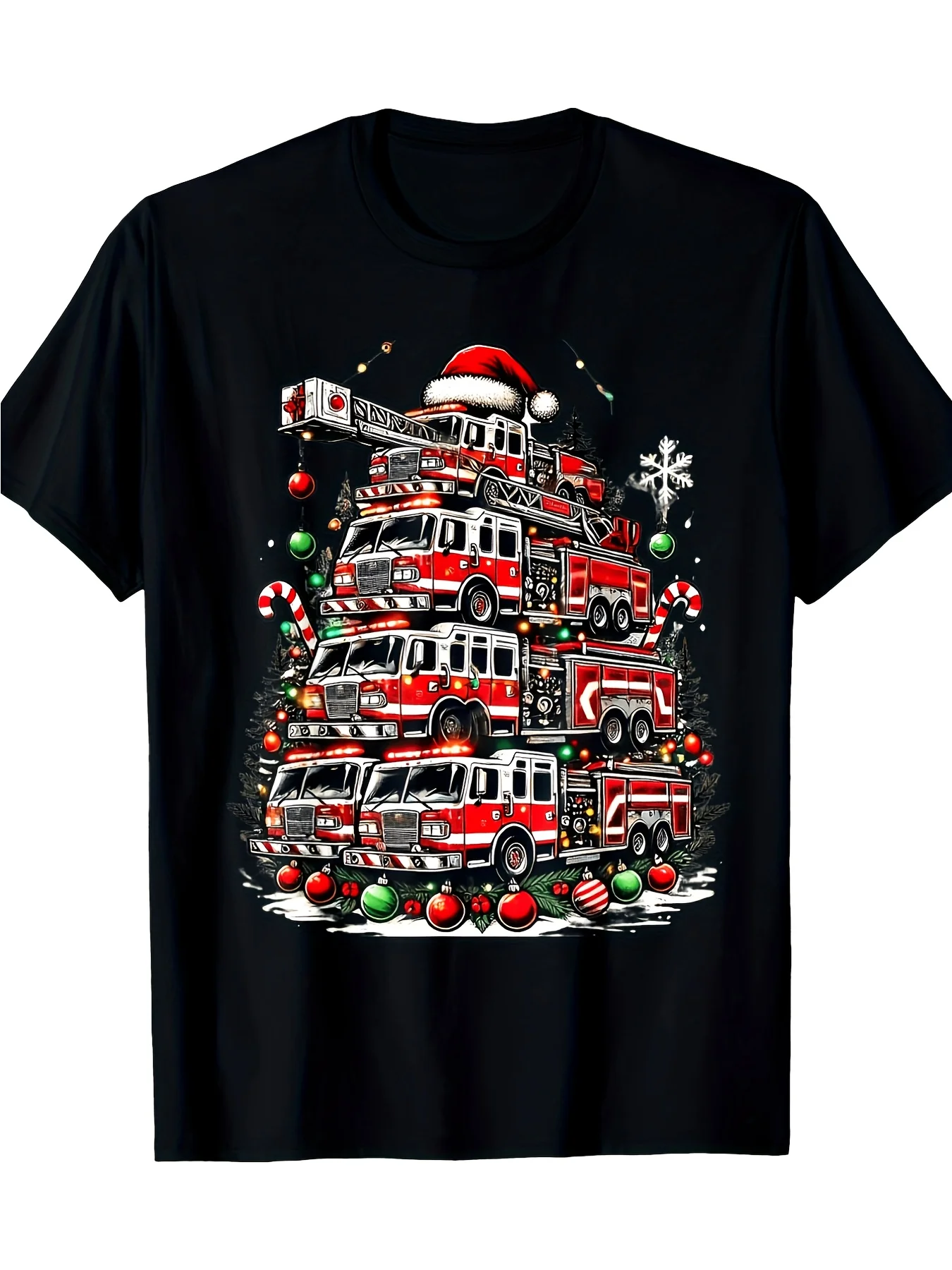 Firefighter Fire Truck Christmas Tree Lights, Santa Firefighter T-Shirt - 100% - 220ghirt, Casual Short Sleeve T-Shirt, Soft Comfortable and Machine Washable - Perfect for Casual Clothing and Unique Gifts