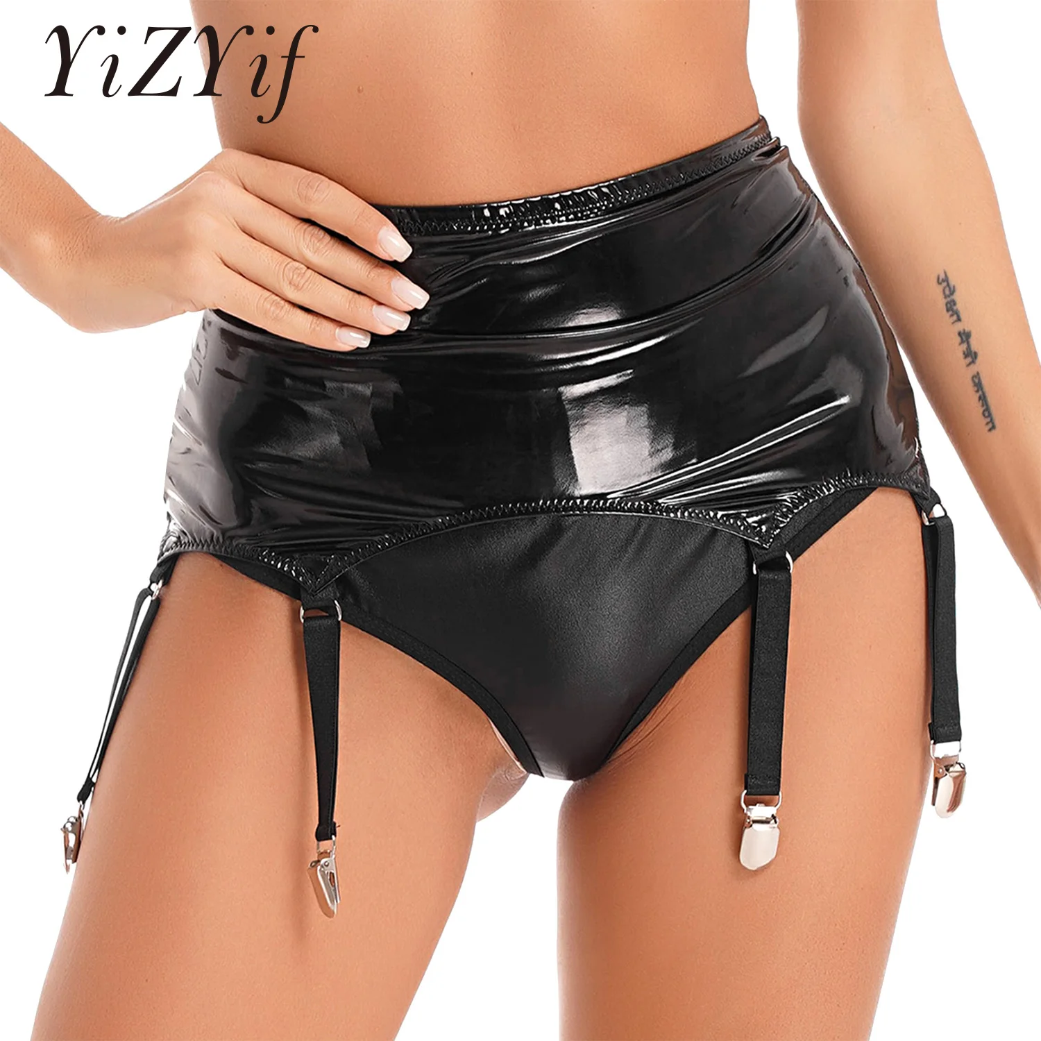 

Women Wet Look Patent Leather Garters High Waist Suspenders Skirts with Garter Belt Nightwear Stage Performance Costume Clubwear