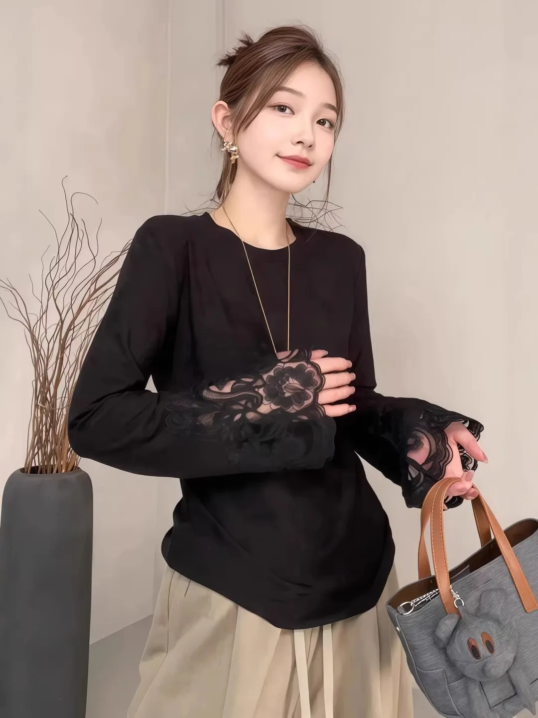 

Модная вышитая свободная футболка с длинным рукавом для женщин больших размеров, весенняя повседневная блузка во французском стиле с креативным узором