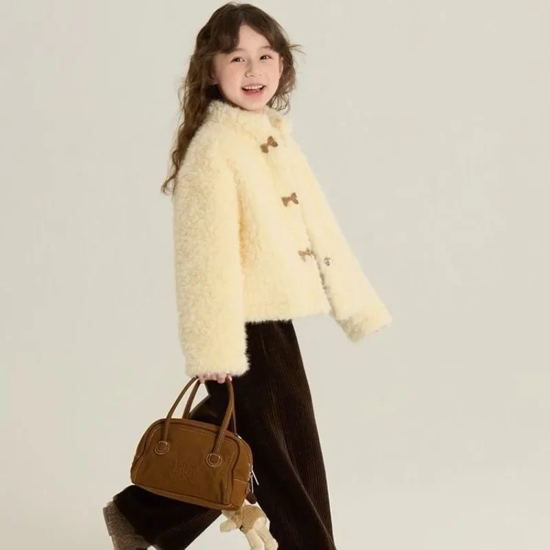 2025 New Korean Style Fluffy Lamb Coat for Girls Thermal Insulated Thickened Winter Jacket Kids' Warm One Piece Cotton Coat
