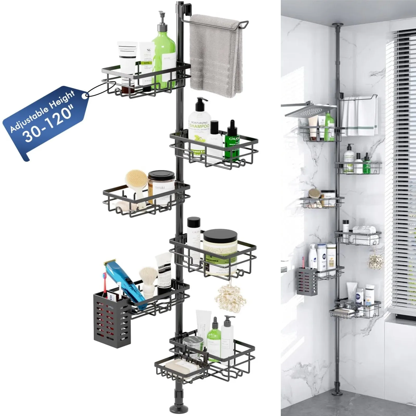 

7 Tier Shower Caddy Organizer with Tension Pole Rustproof Corner Shelf for Bathroom Storage Extra Large Non Slip Bath Caddy