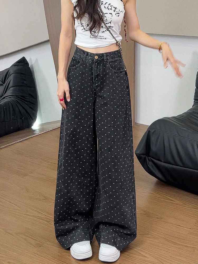 

Черные прямые джинсы в горошек, женские повседневные широкие брюки с высокой талией и цветочным принтом, свободные длинные брюки в стиле ретро в стиле пэчворк