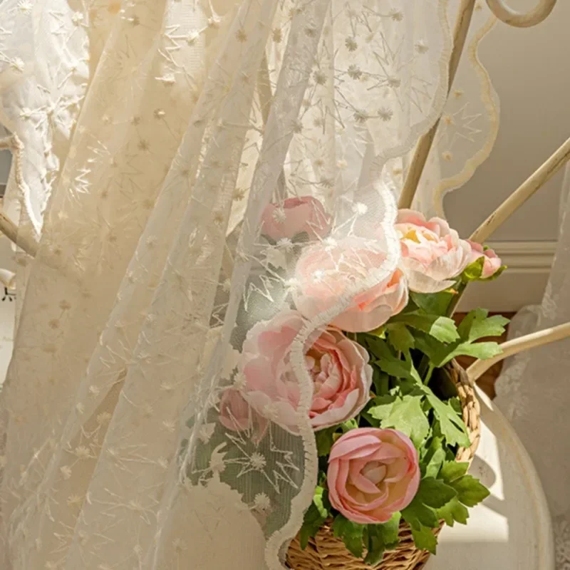 

Lace Gauze Curtain Short Curtain French Cream Embroidery Floating Window Covering Small Window Rustic Door Curtain White Tulle