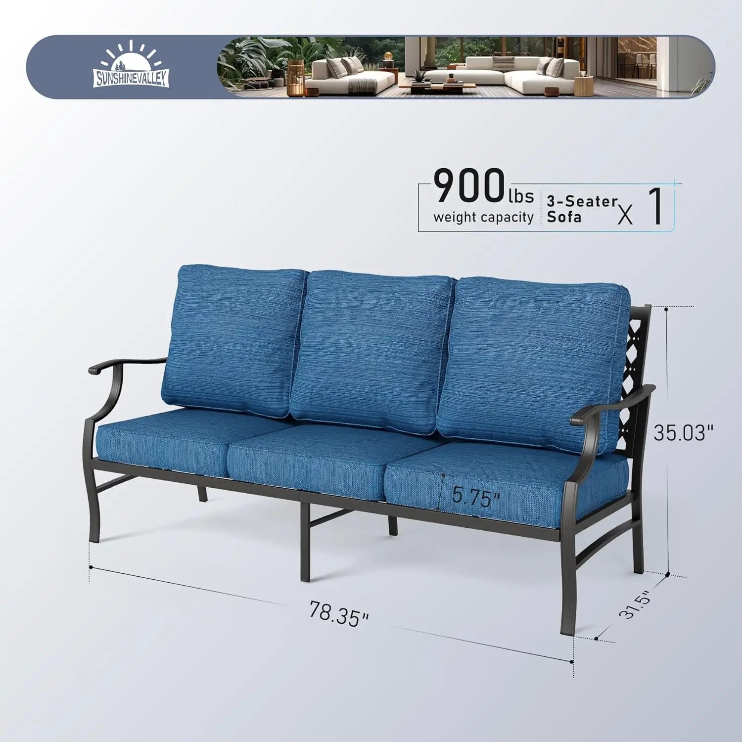 Metal Patio Furniture Sofa High-Back Outdoor Couch All Weather Outdoor Seating for Backyard Deck Front Porch, Blue-2