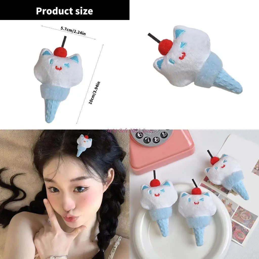 

49ME Stylish Plush Cats Ice Cream Hairpin for Stylish Females Comfortable Hair Clip