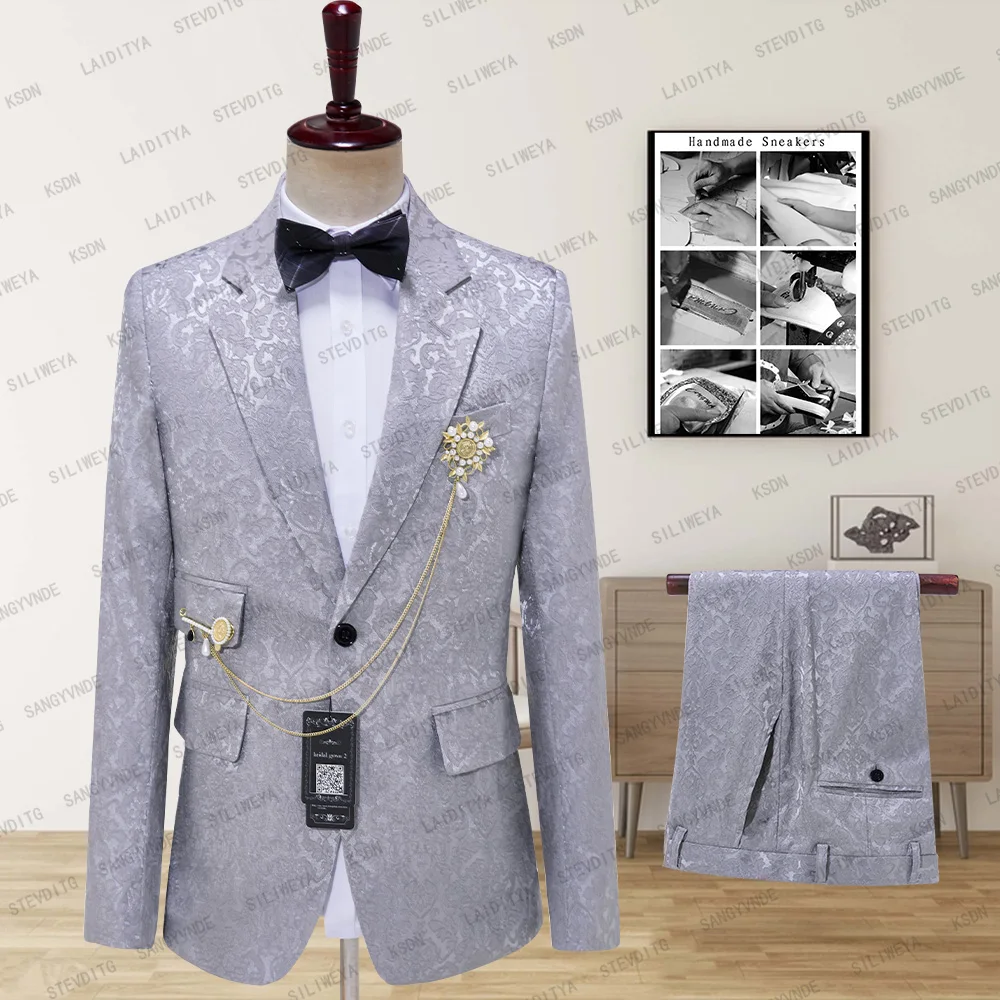 

SILIWEYA 2023 New Arrival Men Suits Gray Wedding Tuxedo for Groom Satin Lapel Groomsmen Wedding Best Man ( Jacket+Pants )