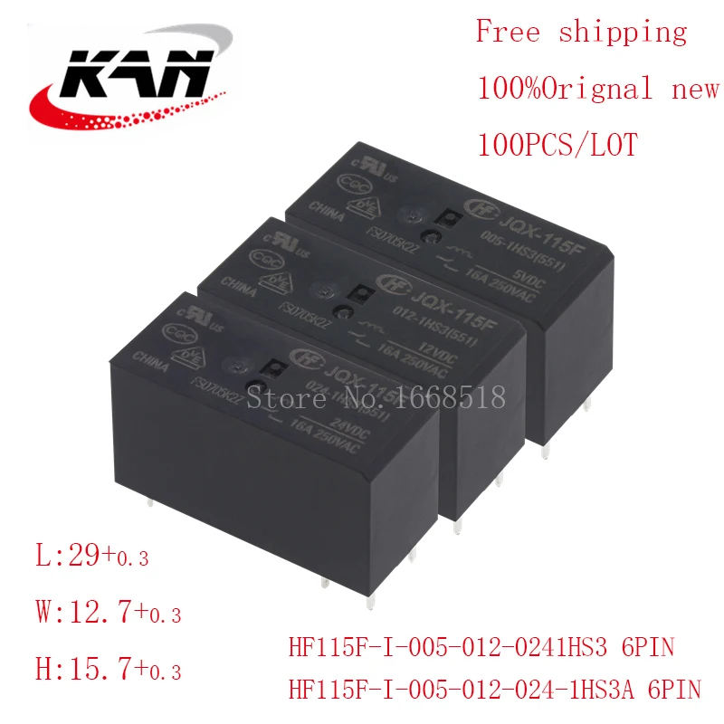 100pcs relay HF115F-I-005-1HS3 HF115F-I-012-1HS3 HF115F-I-024-1HS3 1HS3A 5VDC 12VDC 24VDC 16A 250VAC 6PIN Original New