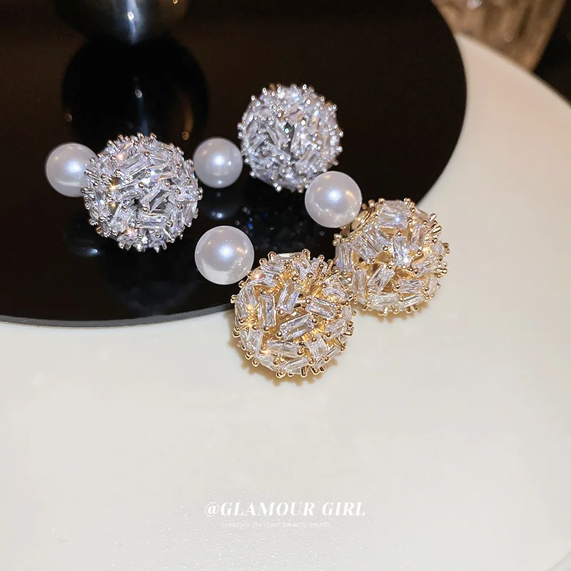 Electroplated Silver Needle Zircon Ball Europe And The United States Light Luxury Fashion Atwo-wear Personalized Ear Accessories