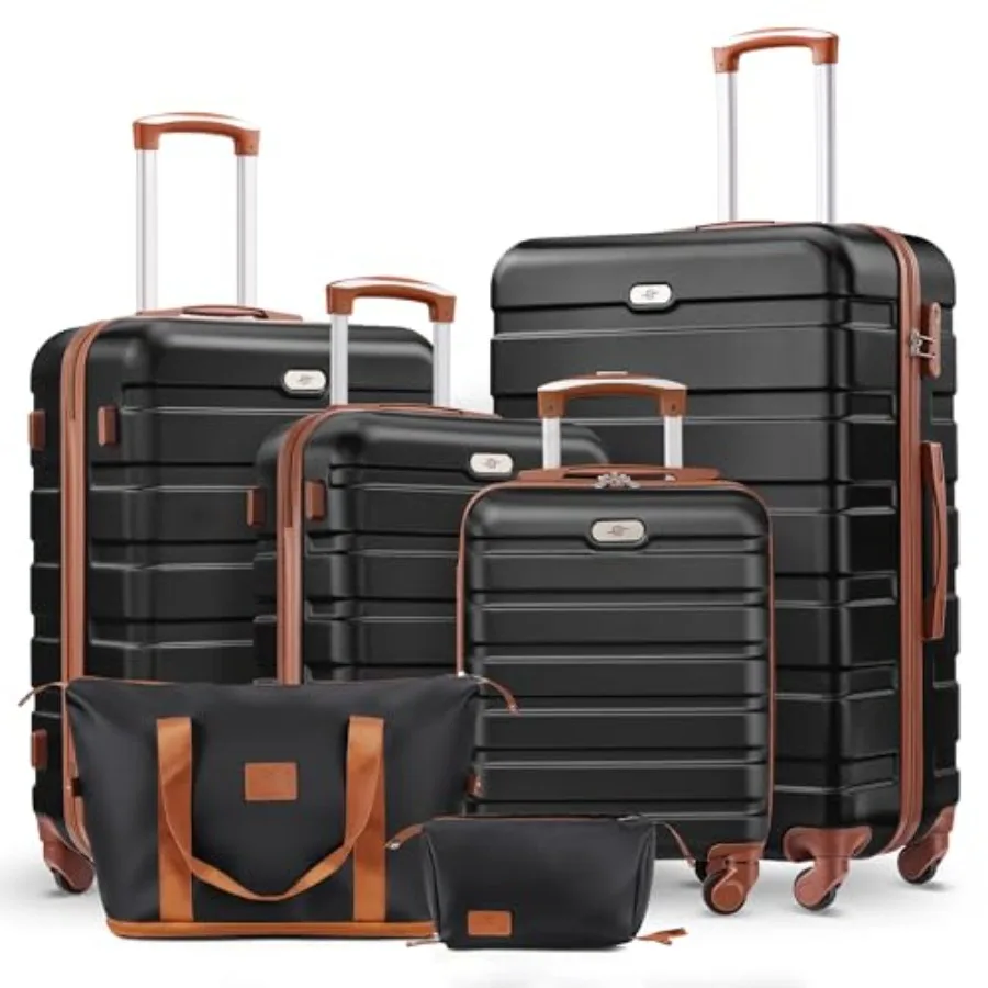 

6 Piece Hardside Luggage Set 16 20 24 28 inch Expandable Carry-on Checked Suitcase with Travel Duffle Bag Set Black Tan