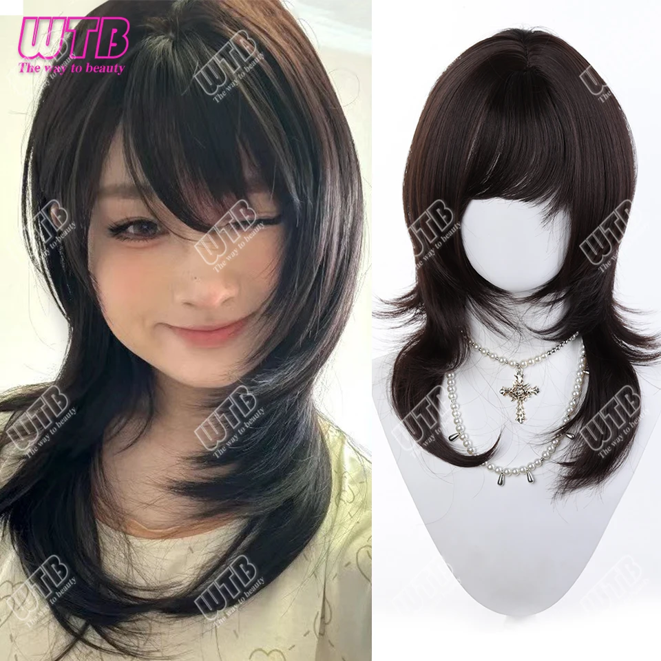 Synthetic Layered Wig Female Japanese Layered Wig Black-brown Daily Lolita Clavicle Hair Straight Wig with Bangs