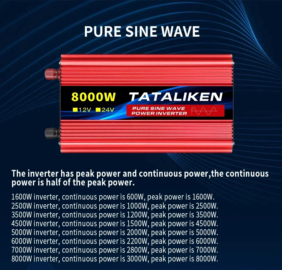 1000W-10000W Pure Sine Wave Power Inverter 12V/24V DC To 110V/220V Converter with Type-C Ports 2 AC Power Outlets  LCD Display