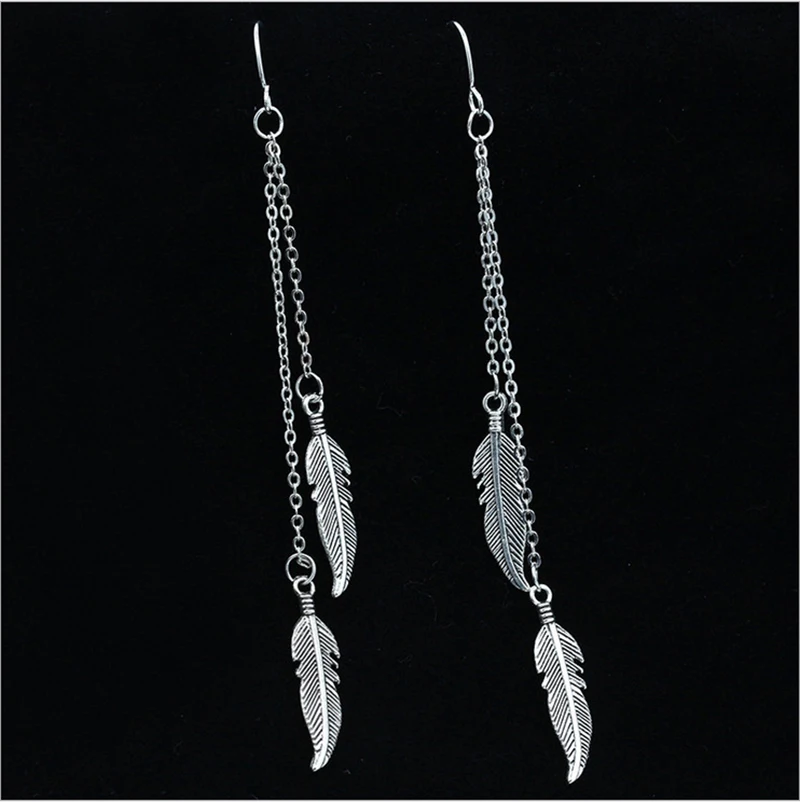 Vintage Feather Tassel Long Dangle Earrings for Women Fashion Silver Color Leaf Metal Drop Earrings Simple Statement Jewelry