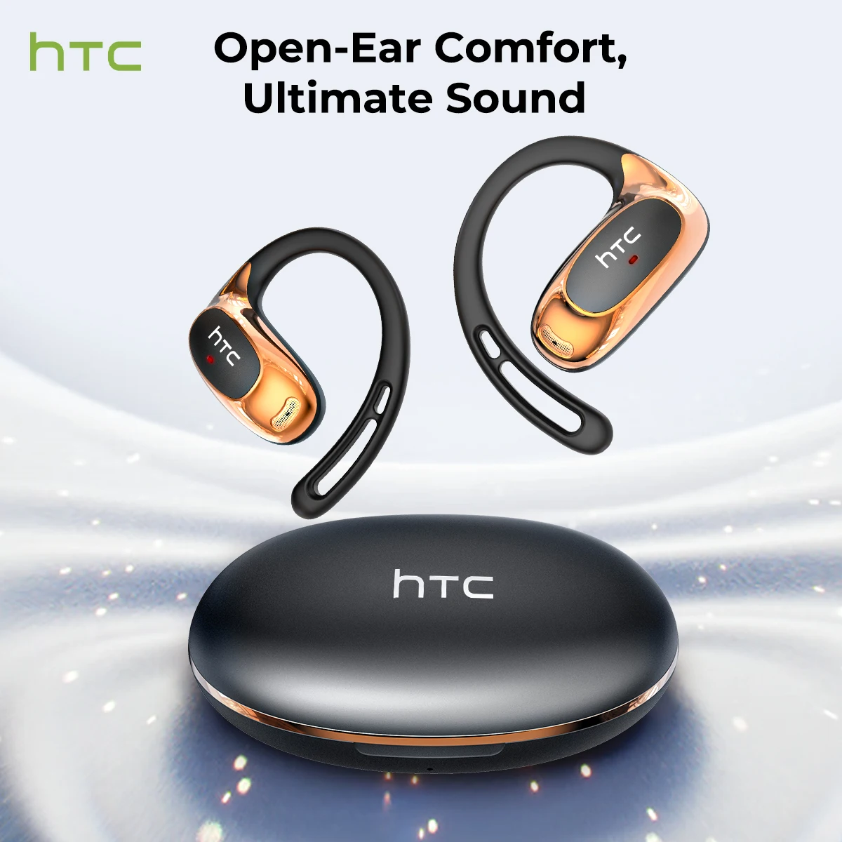 Fone de Ouvido Bluetooth Sem Fio HTC NE35 com Tradução de Idiomas por IA, Fones de Ouvido OWS de Baixa Latência, Fones Esportivos com Gancho para Música e Microfone