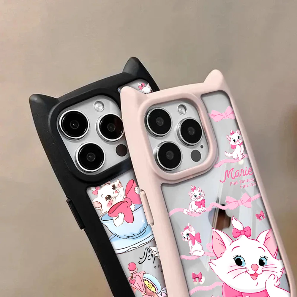 Marie Cat Cute Cat Ear Phone Case For iPhone 15 14 13 12 11 Pro Max Transparent Shockproof Hard Acrylic Soft Silicone Bumper