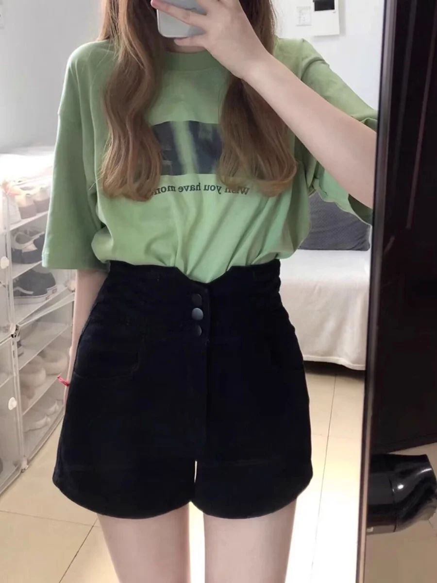 

Black High Waist Wide Leg Short Jeans Women's Summer 2024 New plus Size Hot Pants Spicy Girl Straight Cut Spring Summer