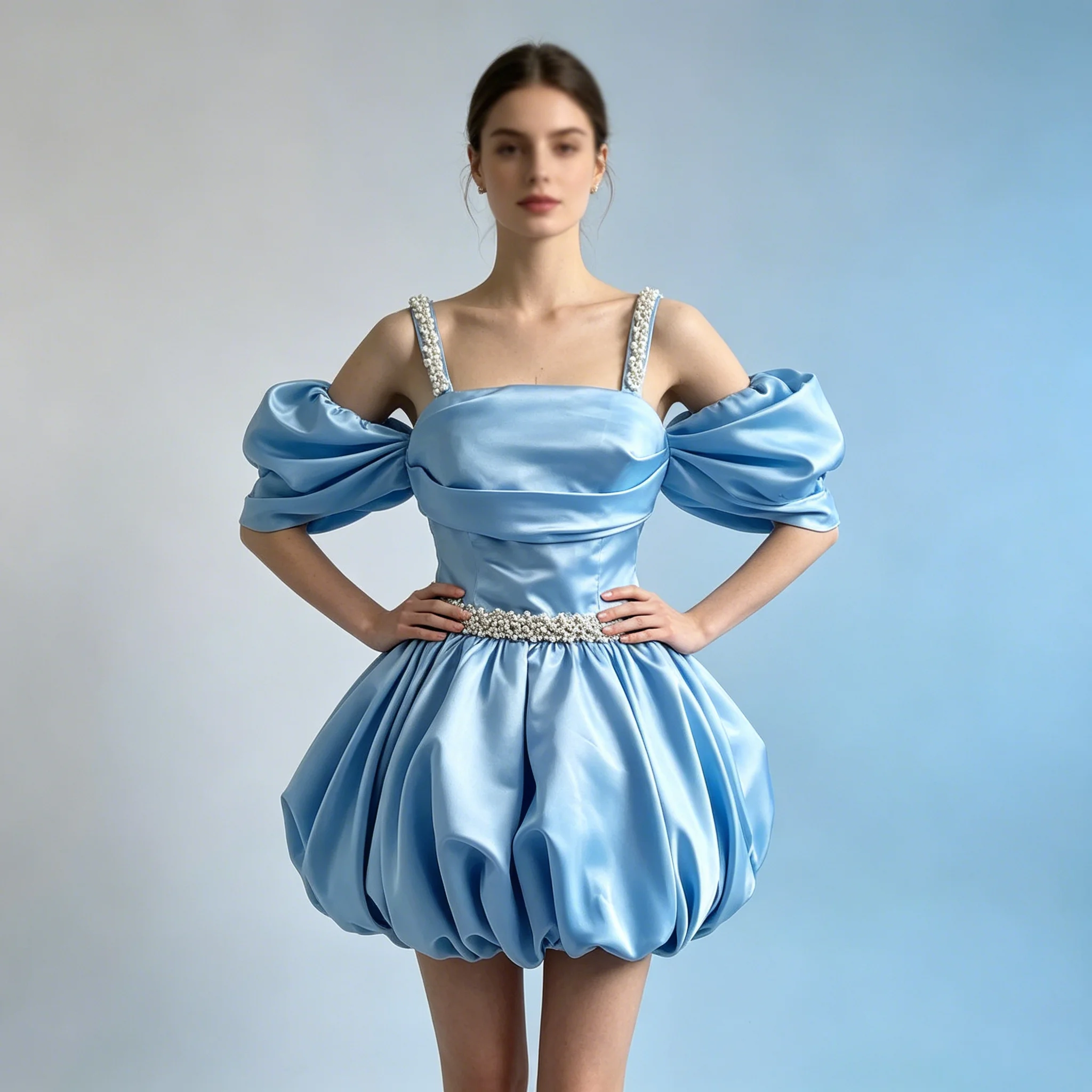 Elegant Light Blue Strapless Ruffle High Low Dress Satin Flower Detail Prom Gown Women Formal Occasion Mini Dress With Train
