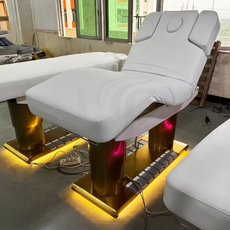 4 Motors Beige Leather Clinic Salon Spa Bed Luxury Foot Control Golden Base Reclining Massage Table Bed with Led