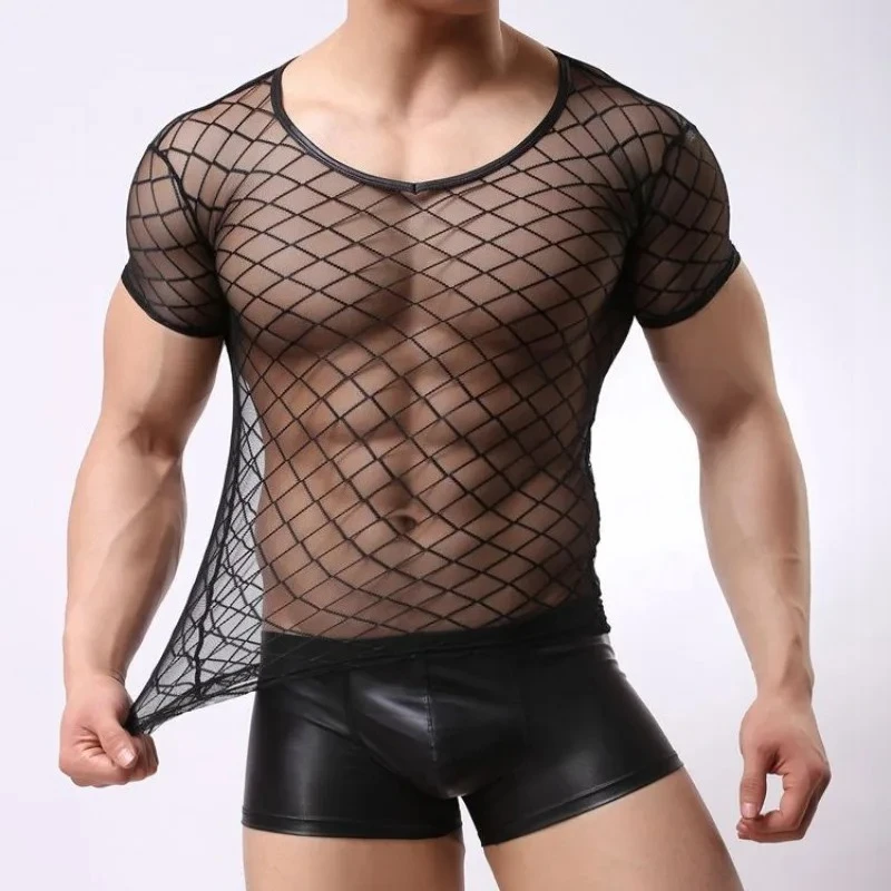 

New Mens Rhombus Mesh Short-sleeved Transparent Erotic Underwear Slim Casual Plaid Mens T-shirt