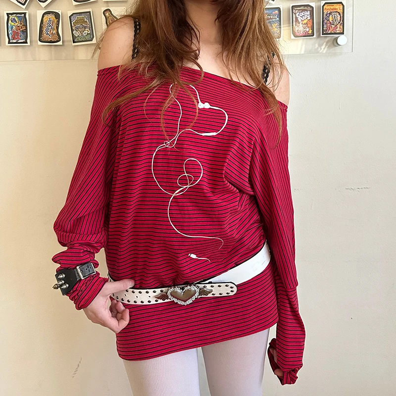 E-สาว Cyber Grunge เสื้อยืดลาย Harajuku ปิดไหล่แขนยาวชุดผู้หญิง Preppy Vintage Y2k ชุดสั้น