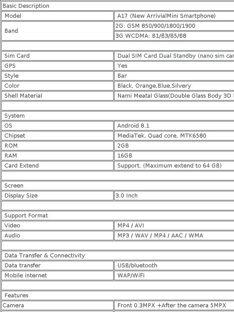 ONEMYTH A17 Mini Android 8.1 SmartPhone 3.0'' 2GB RAM 16GB ROM Dual SIM Standby Play Store 3G Small Mobile Phone