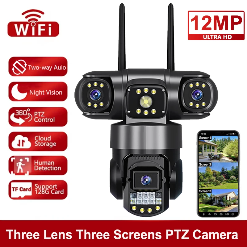12MP WiFi IP Camera Outdoor Three Lens Three Screens Security Video Monitor Night Vision Waterproof CCTV Surveillance PTZ Camera