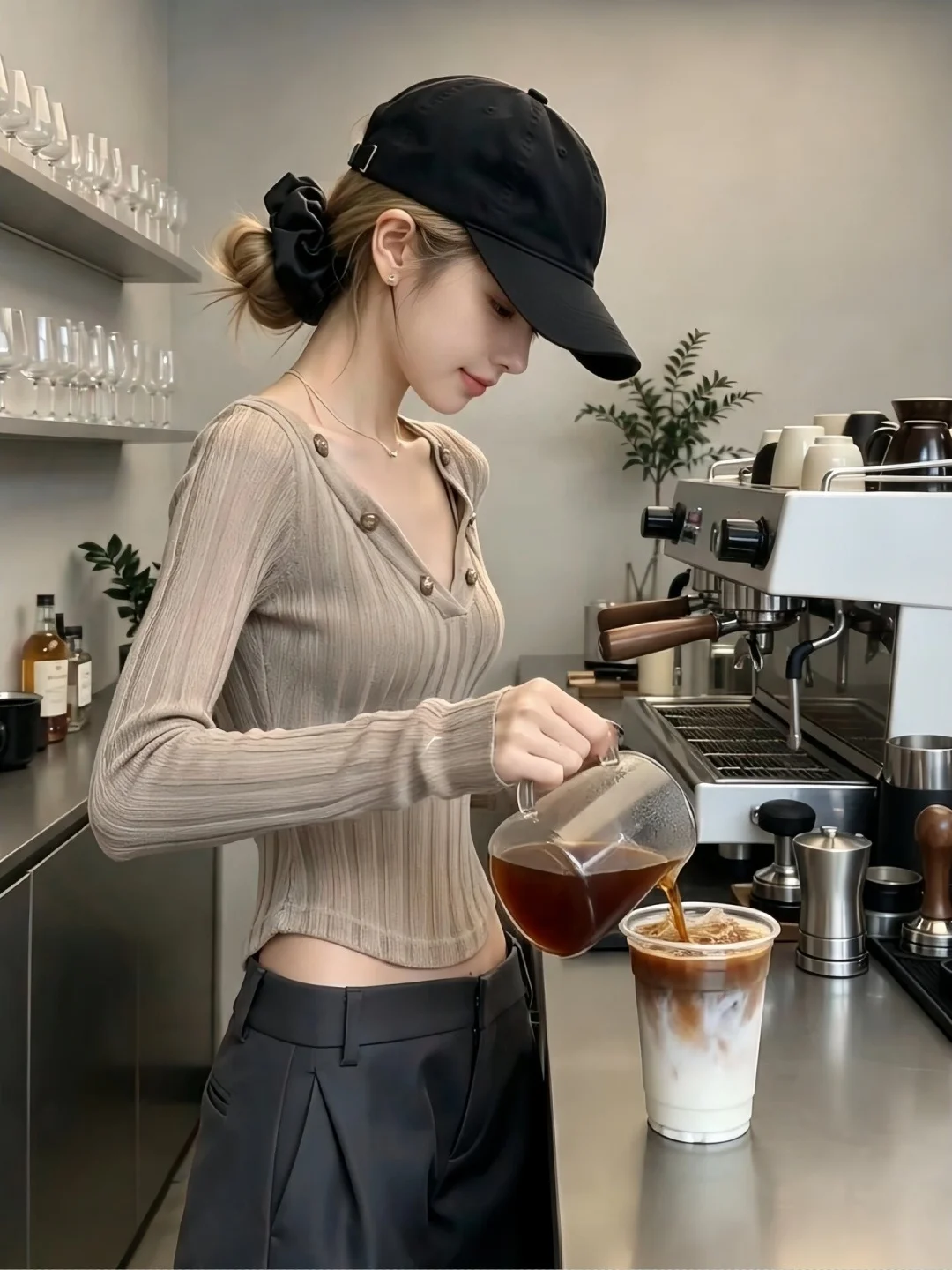 Khaki V-Neck Slim Fit Long Sleeve Knitted Sweater Women's Short Style Unique Beautiful Top Miu Style Casual Wear for Autumn