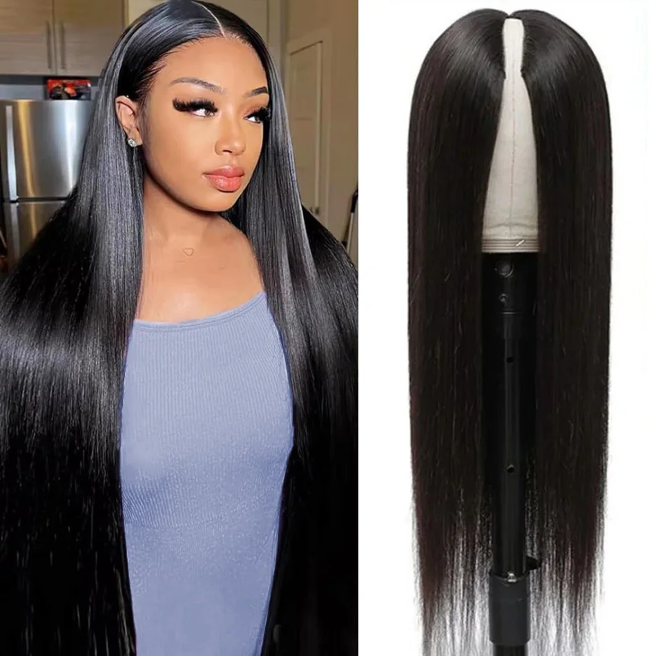 

V Part Wig Human Hair Wear And Go Glueless Brazilian Straight Human Hair Wigs Black 100% Human Hair 220 Density 30 Inch No Lace