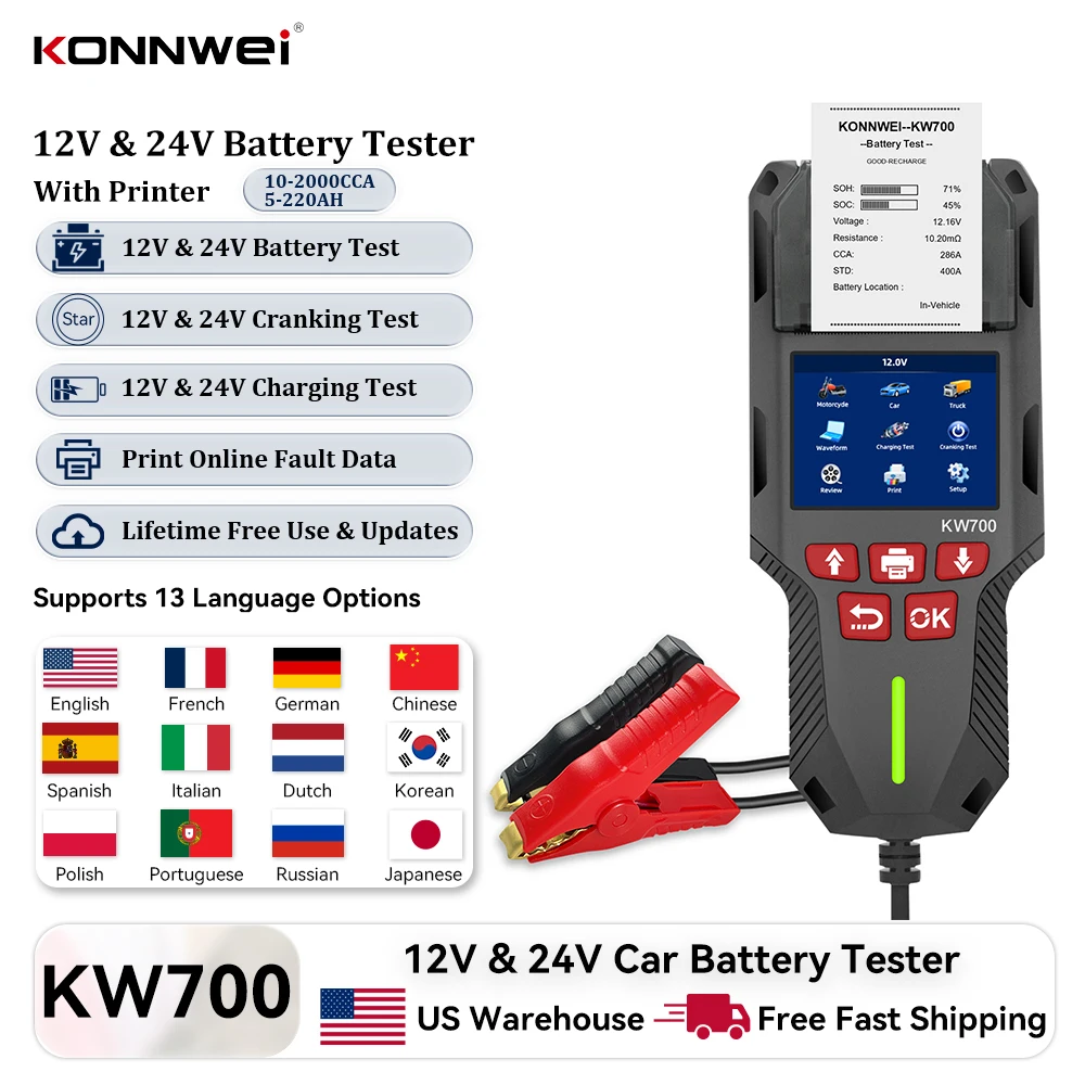 

KONNWEI KW700 Car Battery Tester 12V 24V Battery Analyzer Cranking Charging Test 10-2000CCA Supports 13 Language Options Data Printing Car Battery Scanning Tool for Car Truck Motorcycle