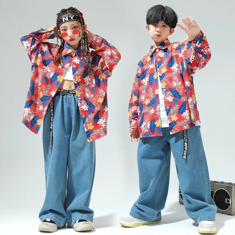 

New Hip Hop Dance Costume for Kids Performance Outfit Print Shirt Tops Loose Denim Pants Boys Girls Streetwear Teenage Clothing