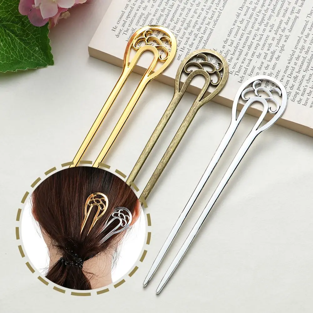 Retro Style Hair Care Alloy Styling Tools Metal Hair Stick Hairpin  Double wavy flower U-shaped hairpin