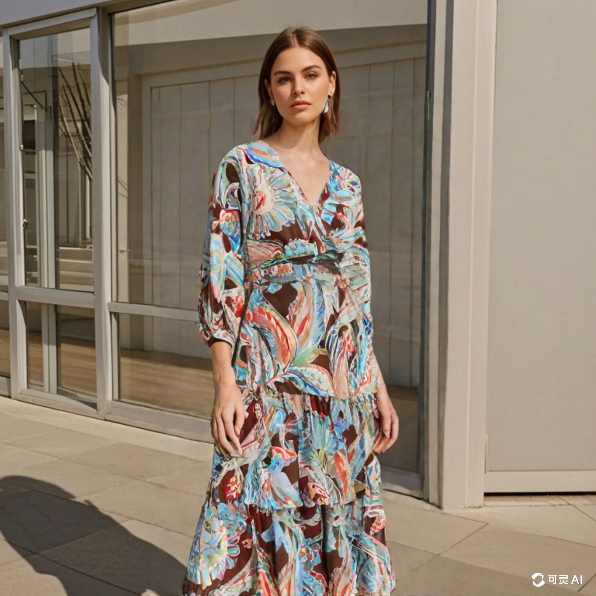 

2025 New Women's Dress with V Neck Three Quarter Lantern Sleeves Belted Waist and Tiered Ruffles Full of Artistic Prints