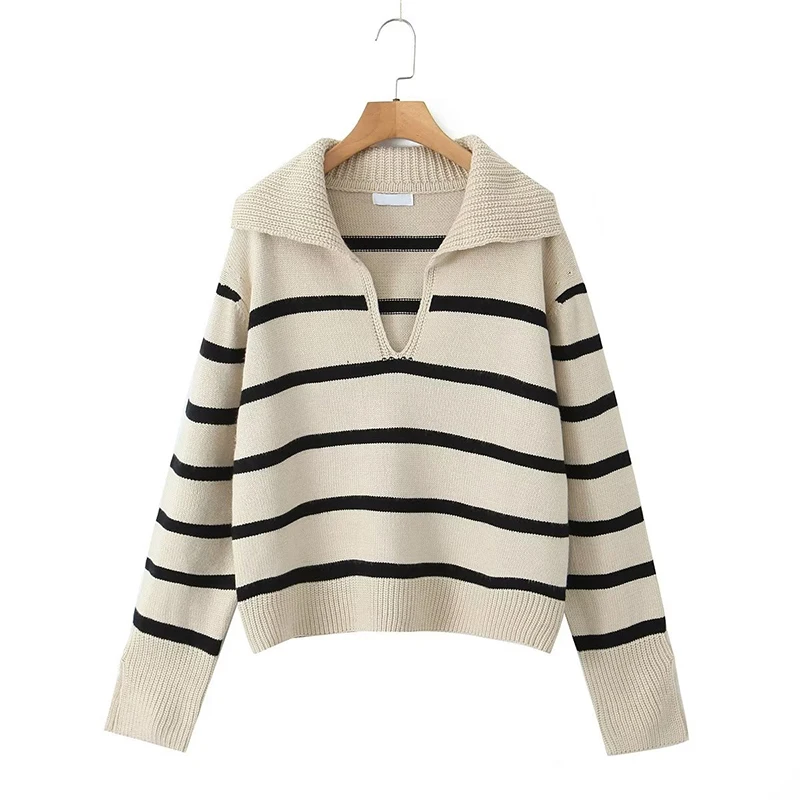 

Autumn Winter Women Vintage Big Lapel Collar Striped Knit Sweater Loose Casual Pullover Jumper