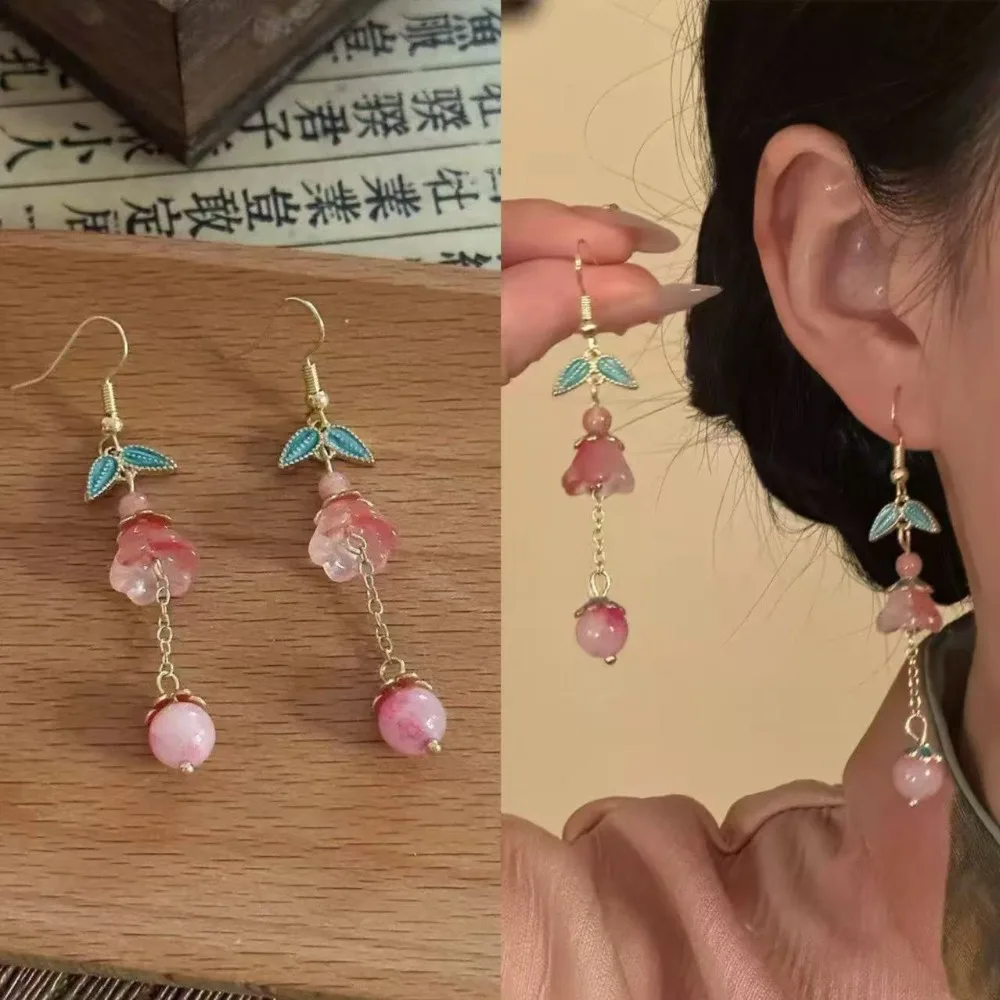 Retro Design Flower Shaped Jade Pendant Earrings for Women Traditional Ancient Chinese Palace Style Luxury Jewelry Clip Earring