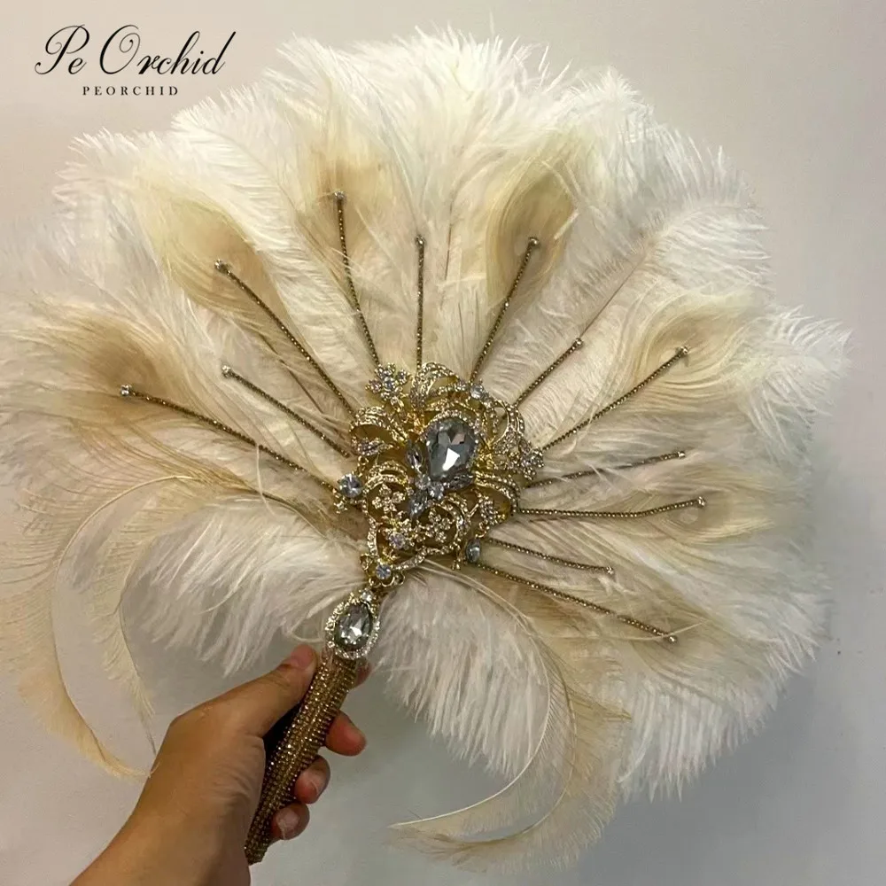 

PEORCHID Great Gatsby Gold Crystal Bridal Fan Bouquet Feather Brooch Fan Ivory wedding style Roaring 20's Bouquet For Bride Gift