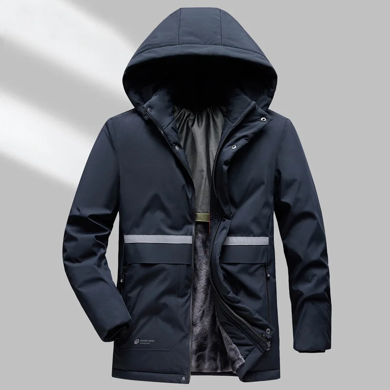 New Winter Men Hooded Down Jackets Fleece Warm Parkas Male Thicker Casual Coats Man Outdoor Reflective Stripe Jackets Size 4XL