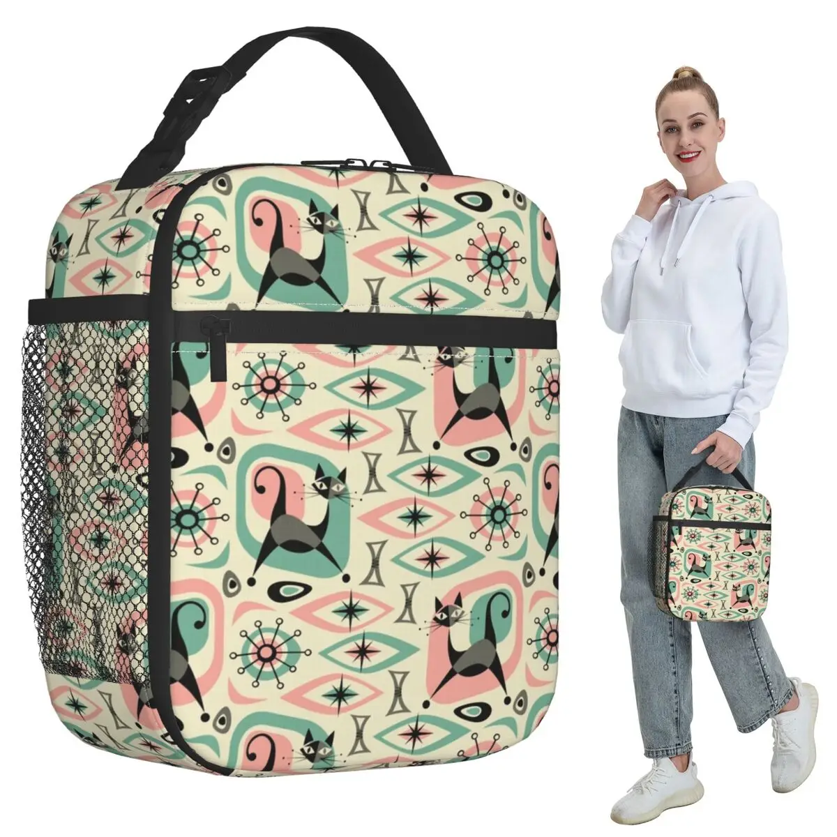 

Mid Century Cat Abstract Insulated Lunch Bag for Women Office Cooler Thermal Food Box Tote Portable Lunch Boxes Container