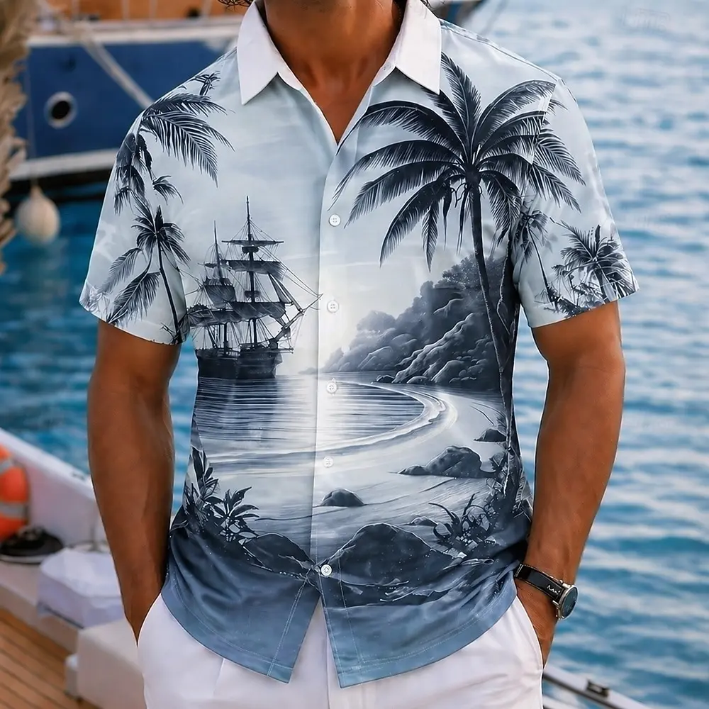 Multi Color Ink Coast Sailboat Men Shirts Thin Breathable Loose Lapel Tops For Beach Holiday Travel